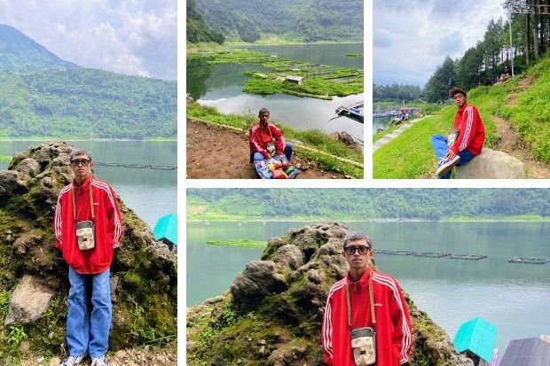 Spot foto menarik dengan latar pemandangan alam asri di Telaga Menjer Wonosobo.